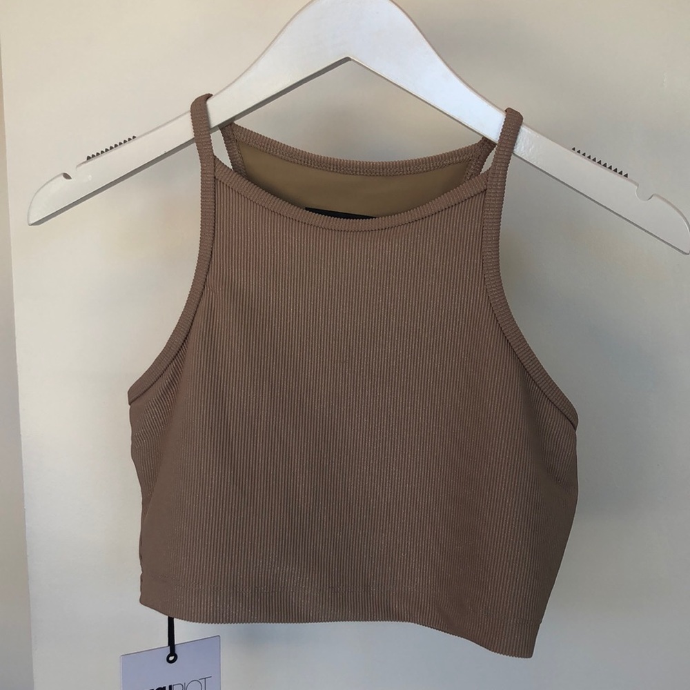 BeachRiot high neck ribbed crop top sports bra in tan with gold fabric